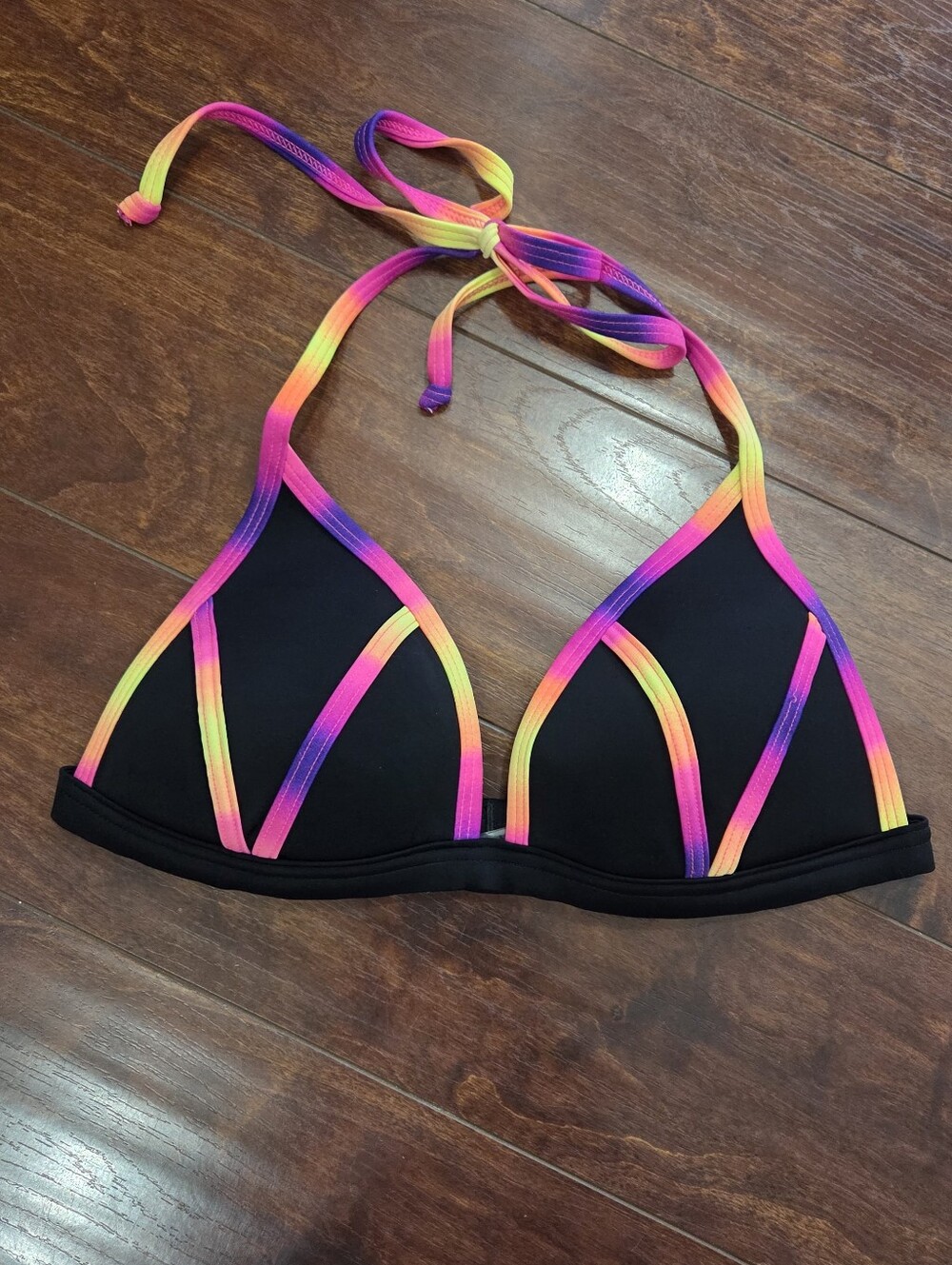 PINK Victoria's Secret Neon Ombre Strappy Halter Bikini Top Black Size Medium